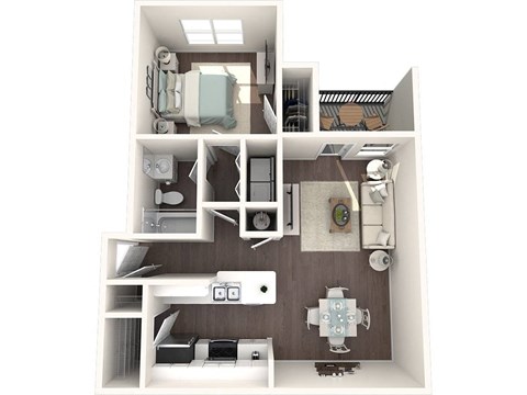 Floor plan for 1 bed, 1 bath, 719 sqft